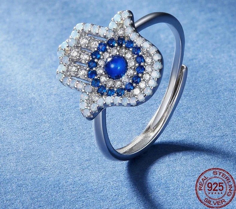 TRENDZ 925 Sterling Silver Blue Zircon Fatima‘s Hand Ring