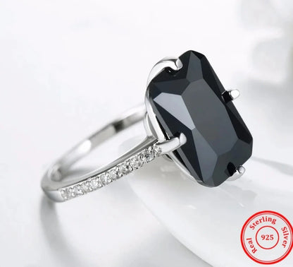 TRENDZ Solid 925 Sterling Silver Black Crystal Ring