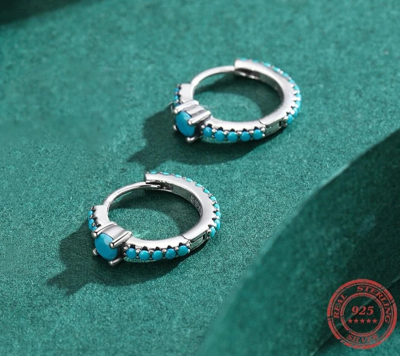 TRENDZ Vintage Turquoise Solid 925 Sterling Silver Hoop Earrings