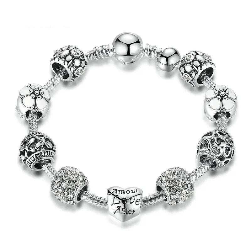 TRENDZ Silver Plated Love and Flower Beads Bracelet