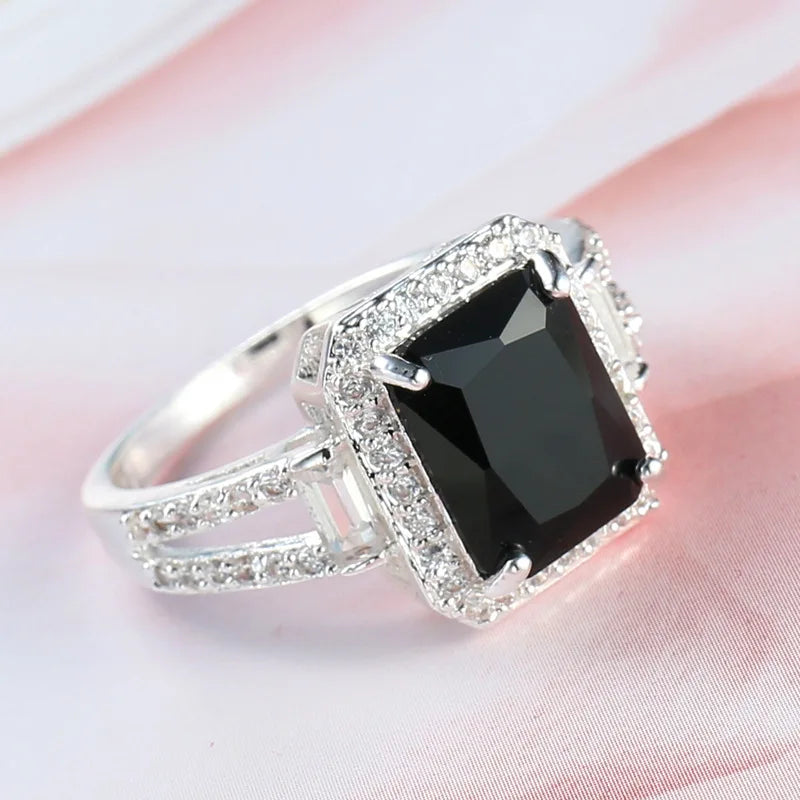 TRENDZ Black Zircon Stone Ring 925 Sterling Silver