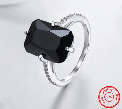 TRENDZ Solid 925 Sterling Silver Black Crystal Ring