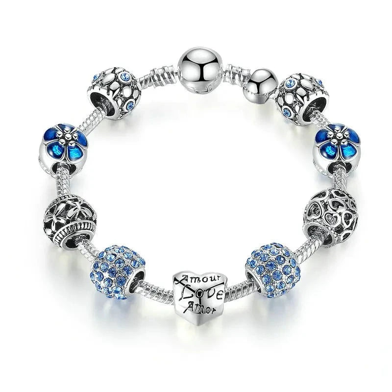 TRENDZ Silver Plated Love and Flower Beads Bracelet