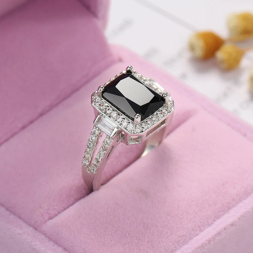 TRENDZ Black Zircon Stone Ring 925 Sterling Silver