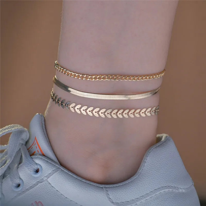 TRENDZ 3pcs/set Gold Color Simple Chain Anklets