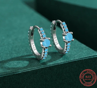 TRENDZ Vintage Turquoise Solid 925 Sterling Silver Hoop Earrings