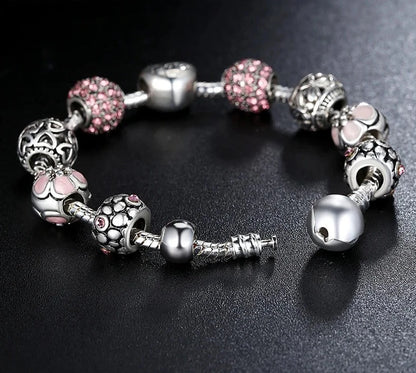 TRENDZ Silver Plated Love and Flower Beads Bracelet