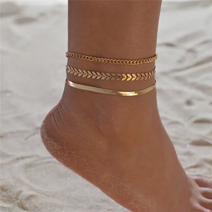 TRENDZ 3pcs/set Gold Color Simple Chain Anklets