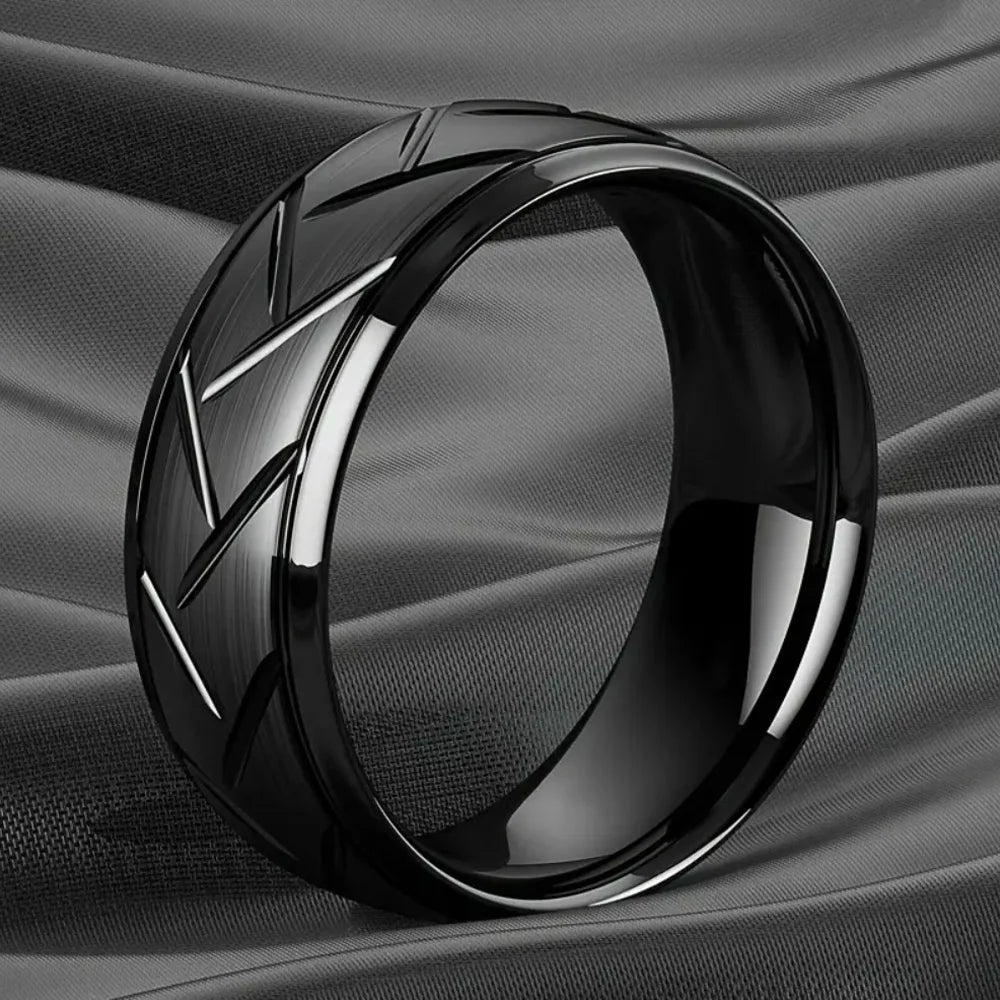 TRENDZ Black Stainless Steel Ring Groove Multi-Faceted