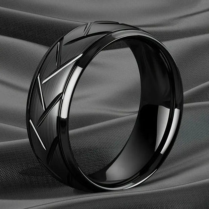 TRENDZ Black Stainless Steel Ring Groove Multi-Faceted