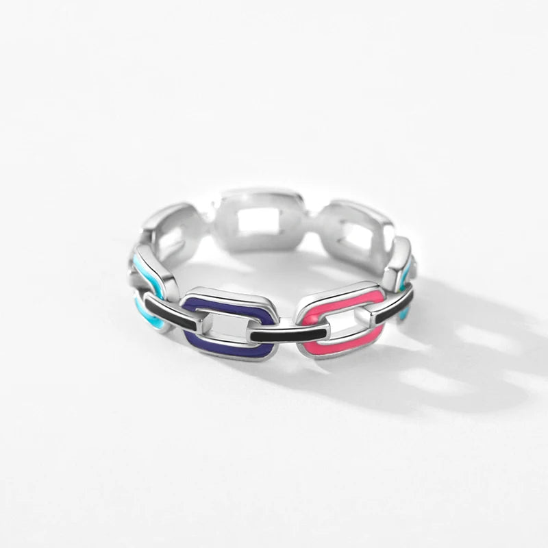 TRENDZ 925 Sterling Silver Geometric Lock Colorful Enamel Ring