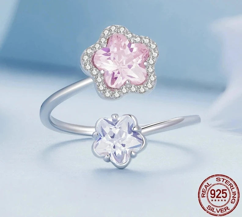 TRENDZ 925 Sterling Silver Pink Flower Ring