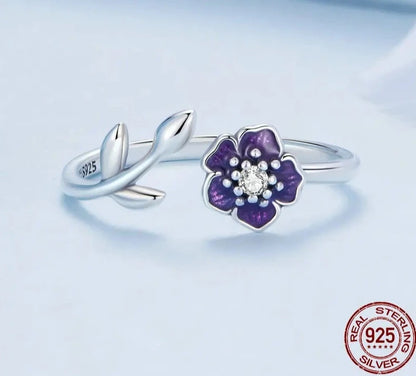 TRENDZ 925 Sterling Silver Purple Flower Adjustable Ring