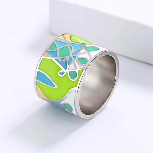 TRENDZ Green Enamel Handmade Ring