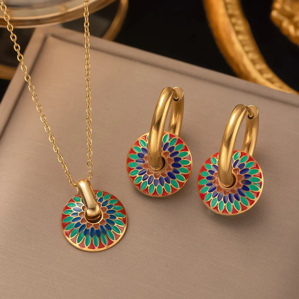 TRENDZ Romantic Retro Color Enamel Round Necklace and Earrings