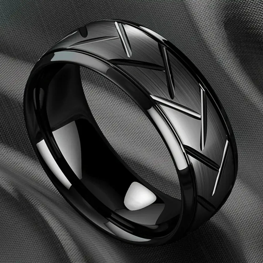 TRENDZ Black Stainless Steel Ring Groove Multi-Faceted