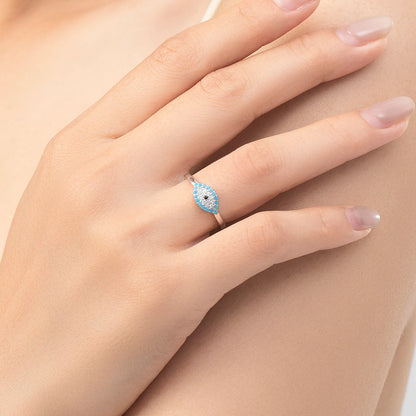 TRENDZ 925 Sterling Silver Eyelash Blue Eye Ring