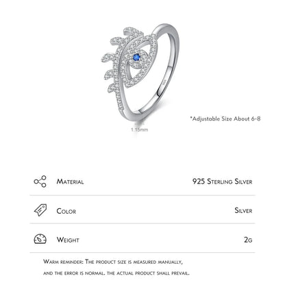 TRENDZ 925 Sterling Silver Eyelash Blue Eye Ring