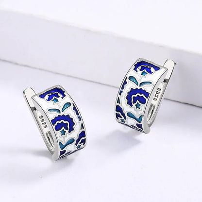 TRENDZ 925 Silver Classic Handmade Blue Enamel Earrings