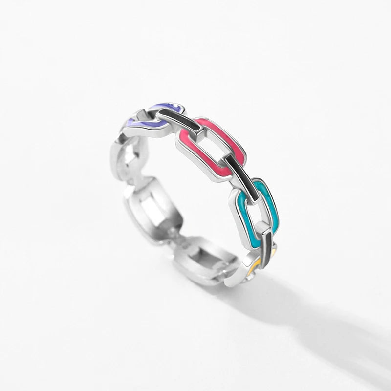 TRENDZ 925 Sterling Silver Geometric Lock Colorful Enamel Ring