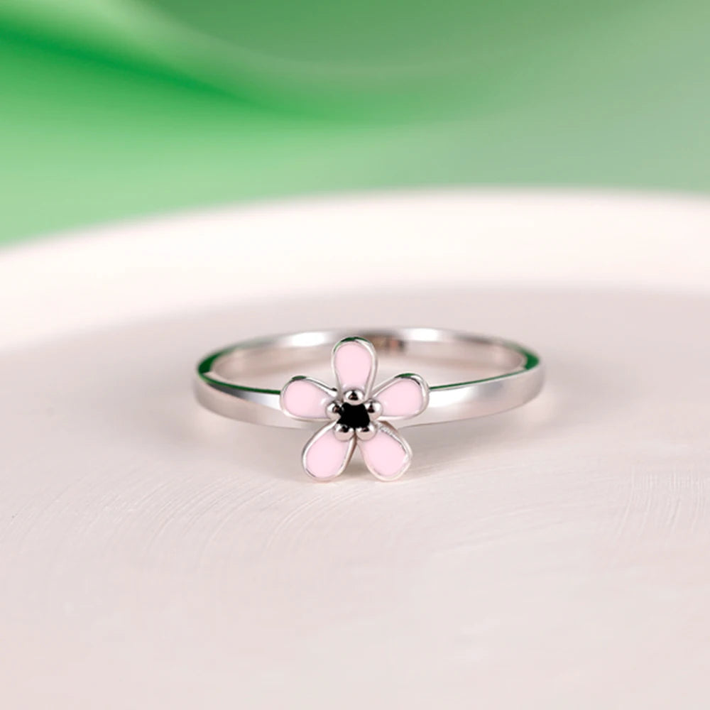 TRENDZ S925 Sterling Silver Pink Enamel Flower Ring