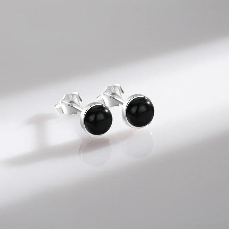 TRENDZ 925 Sterling Silver Natural Black Agate Stud Earrings