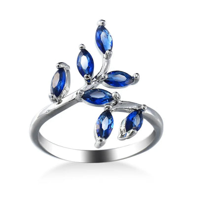 TRENDZ Luxury Blue Zircon Tree Leaves Ring