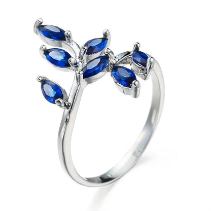 TRENDZ Luxury Blue Zircon Tree Leaves Ring