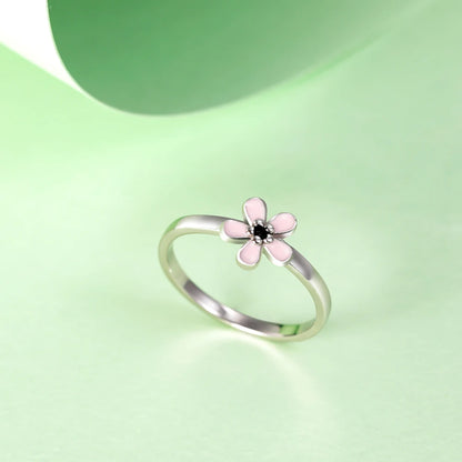 TRENDZ S925 Sterling Silver Pink Enamel Flower Ring