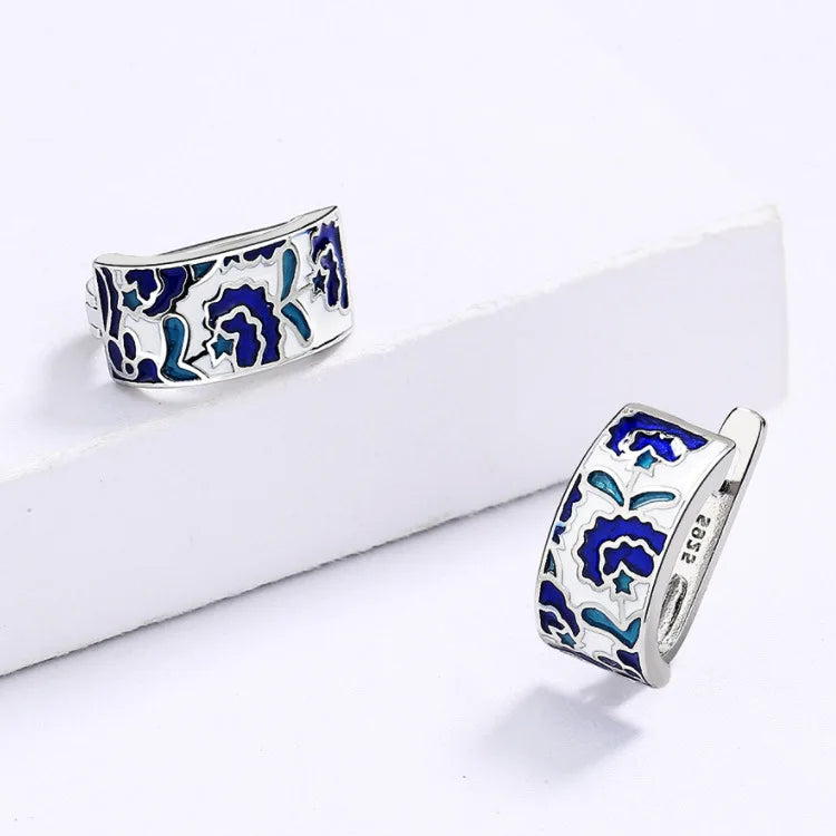 TRENDZ 925 Silver Classic Handmade Blue Enamel Earrings