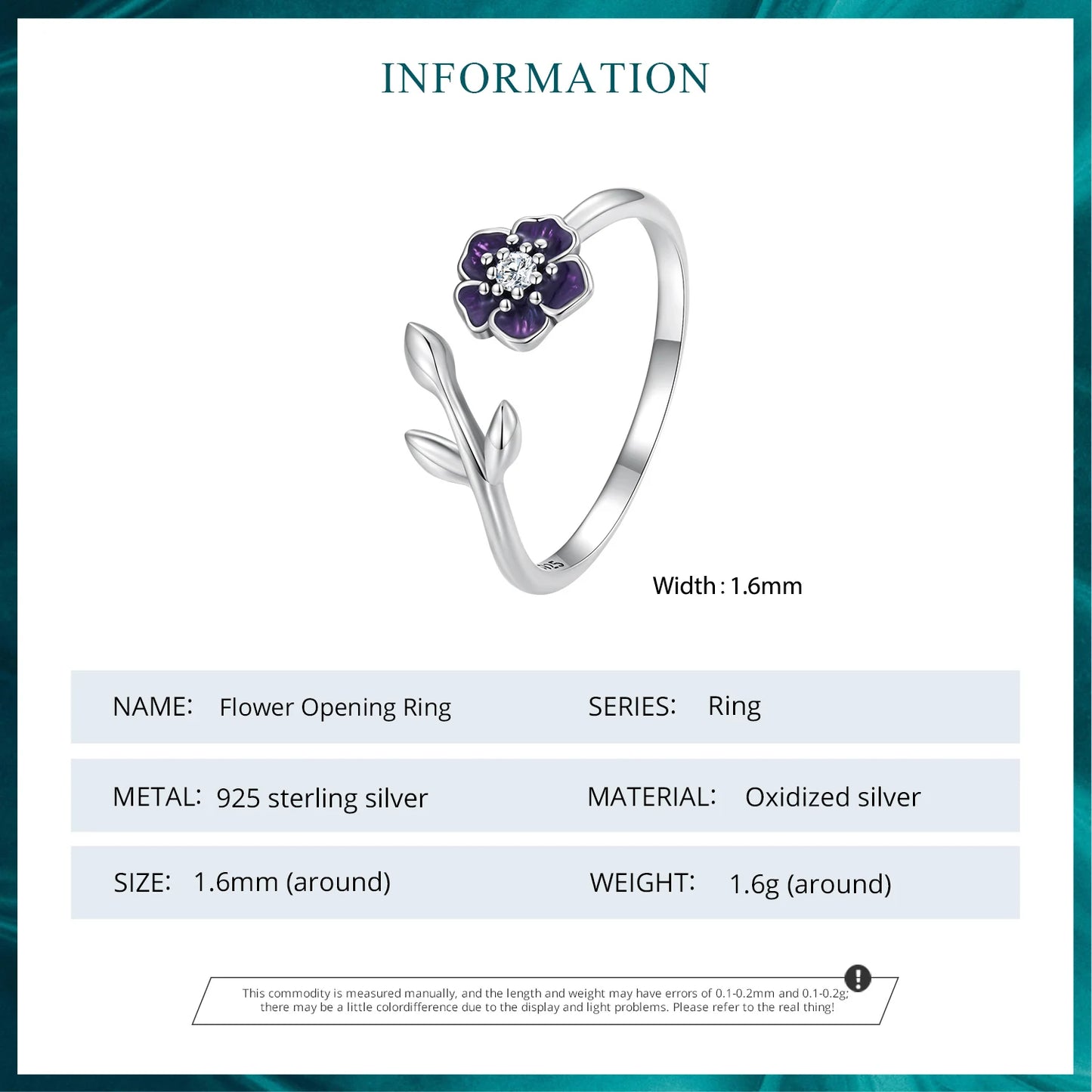 TRENDZ 925 Sterling Silver Purple Flower Adjustable Ring