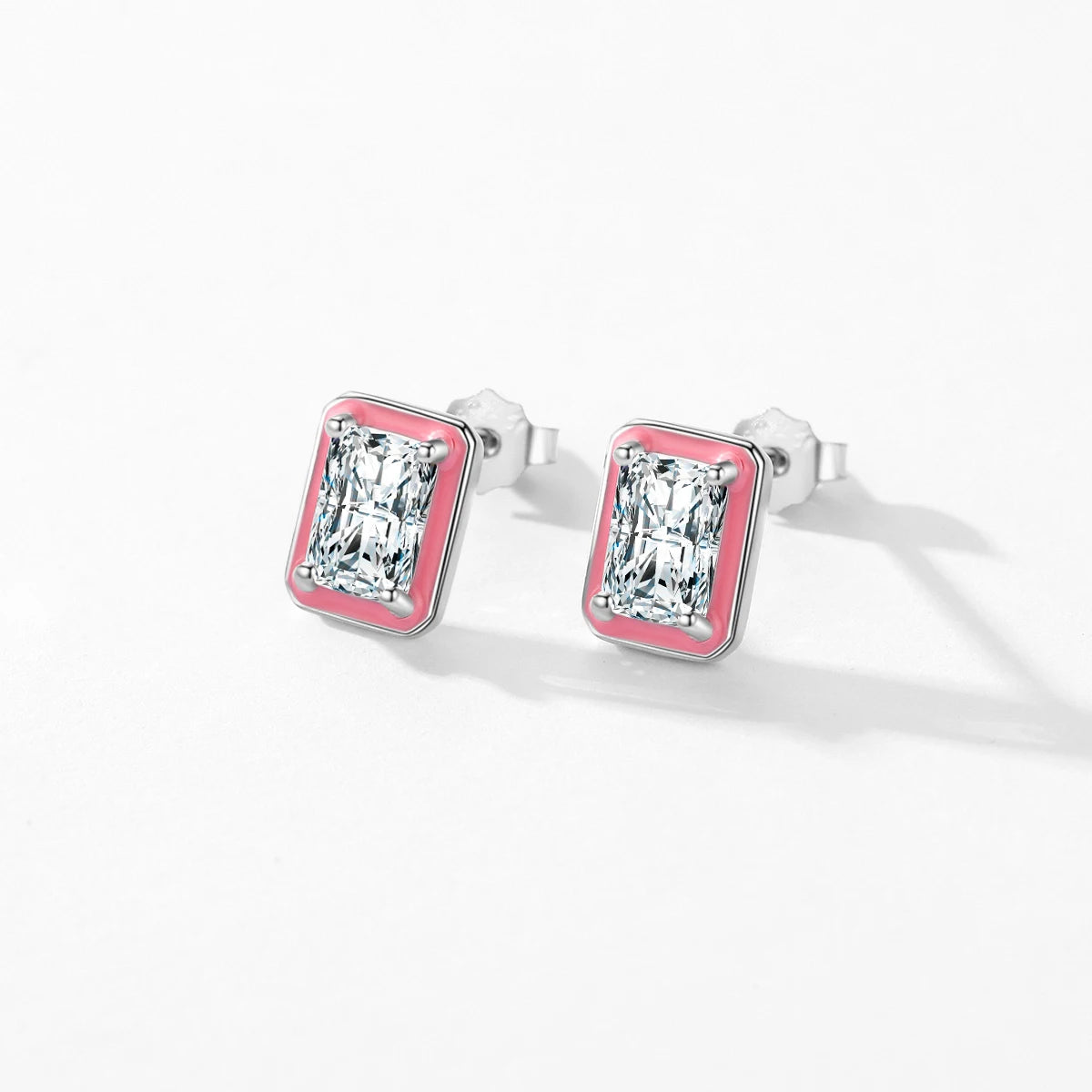 TRENDZ 925 Sterling Silver Sparkling Rectangle Pink Enamel Earrings