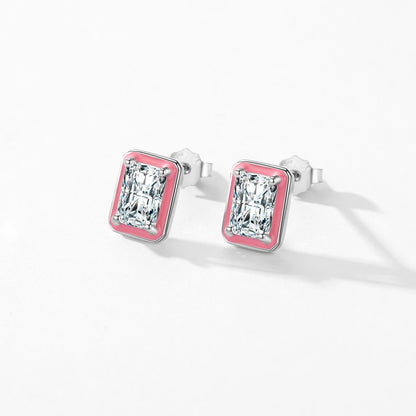 TRENDZ 925 Sterling Silver Sparkling Rectangle Pink Enamel Earrings