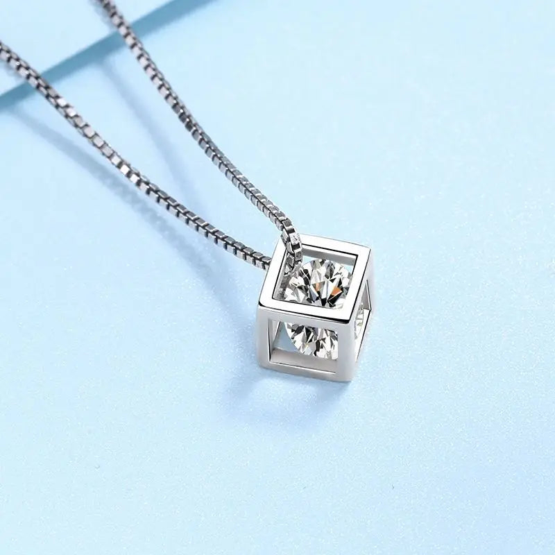 TRENDZ S925 Silver Necklace Moissanite Diamond Square Pendant