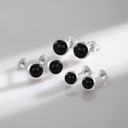 TRENDZ 925 Sterling Silver Natural Black Agate Stud Earrings