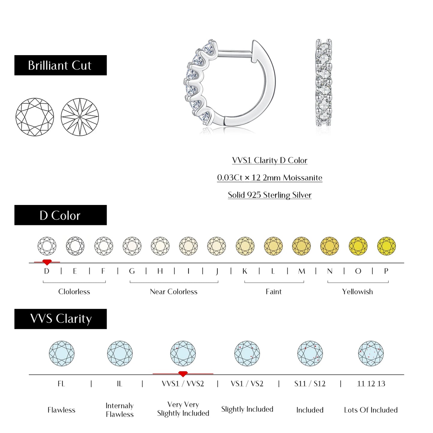 TRENDZ 925 Sterling Silver Delicate VVS1 D Color Moissanite Hoop Earrings