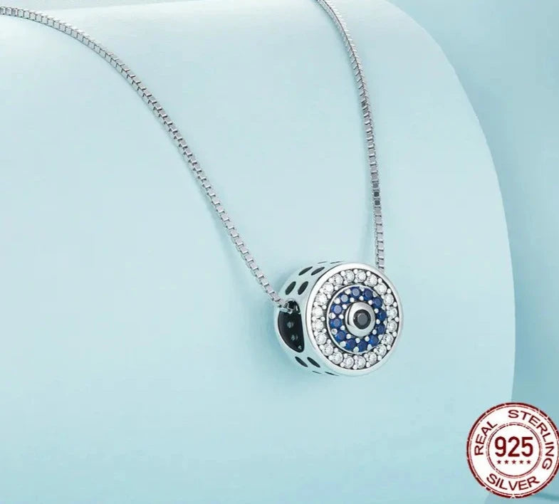 TRENDZ 925 Sterling Silver Blue Crystal Lucky Eye Neck Chain