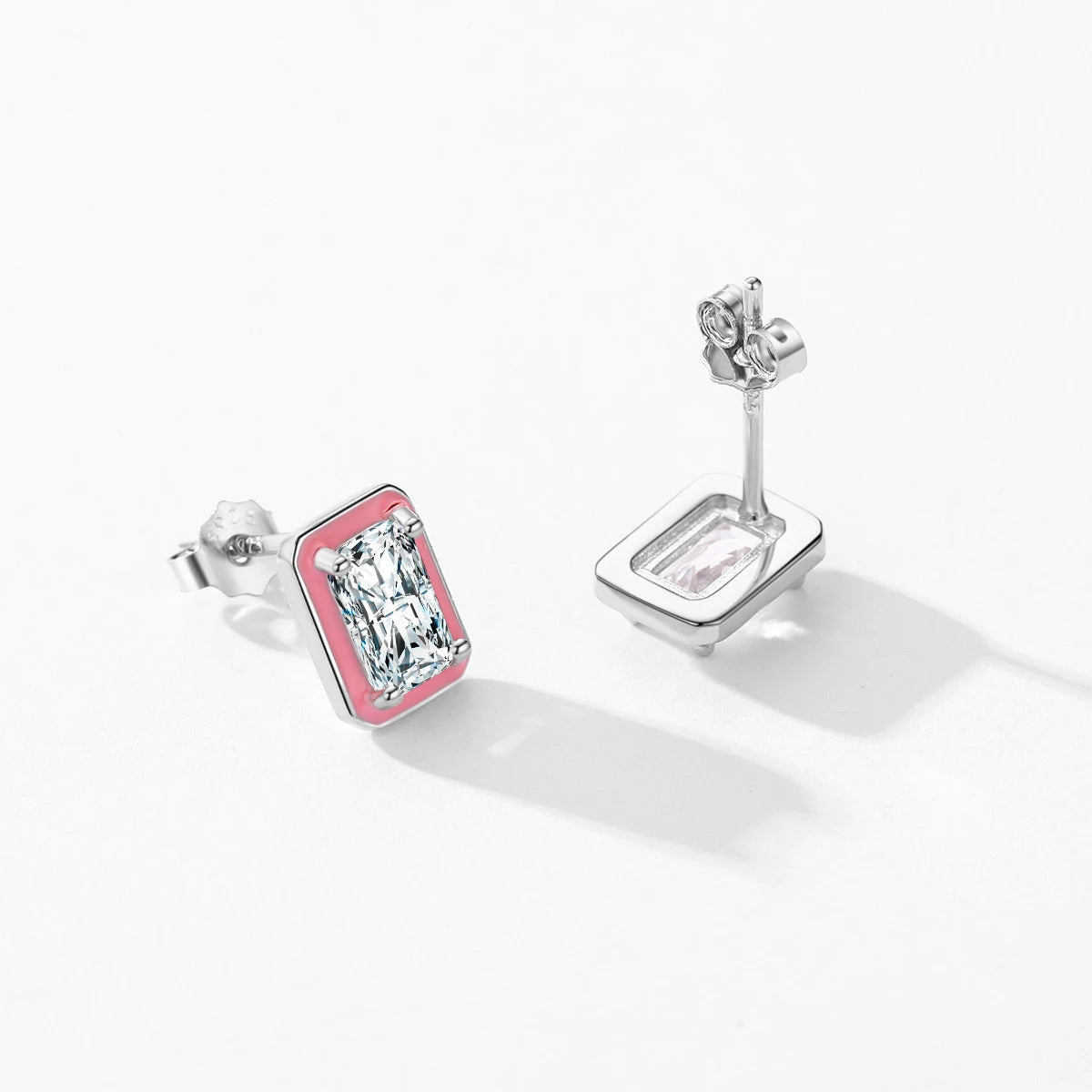 TRENDZ 925 Sterling Silver Sparkling Rectangle Pink Enamel Earrings