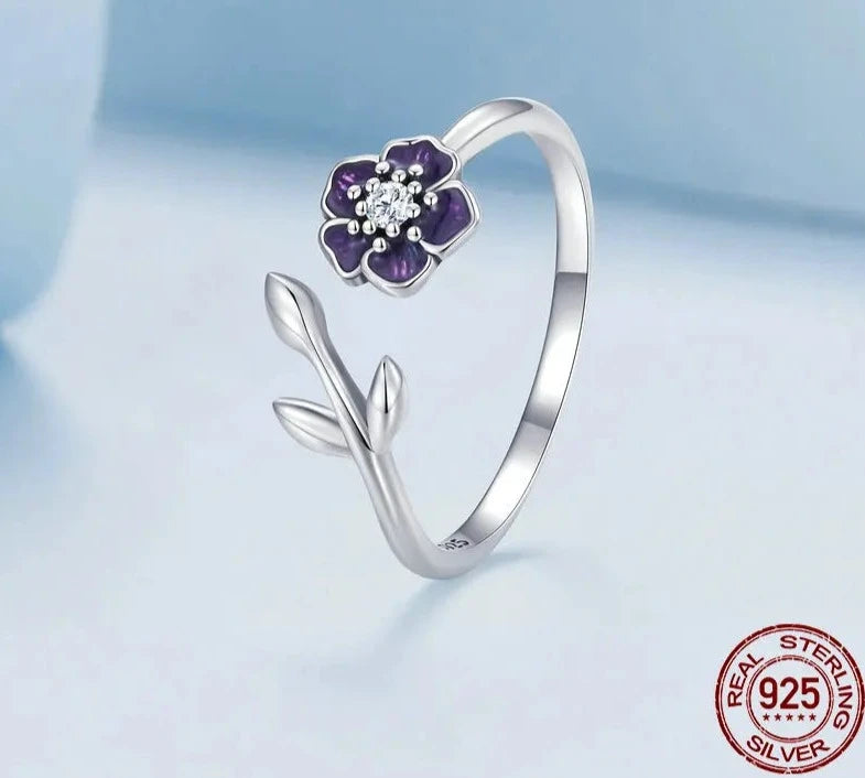 TRENDZ 925 Sterling Silver Purple Flower Adjustable Ring