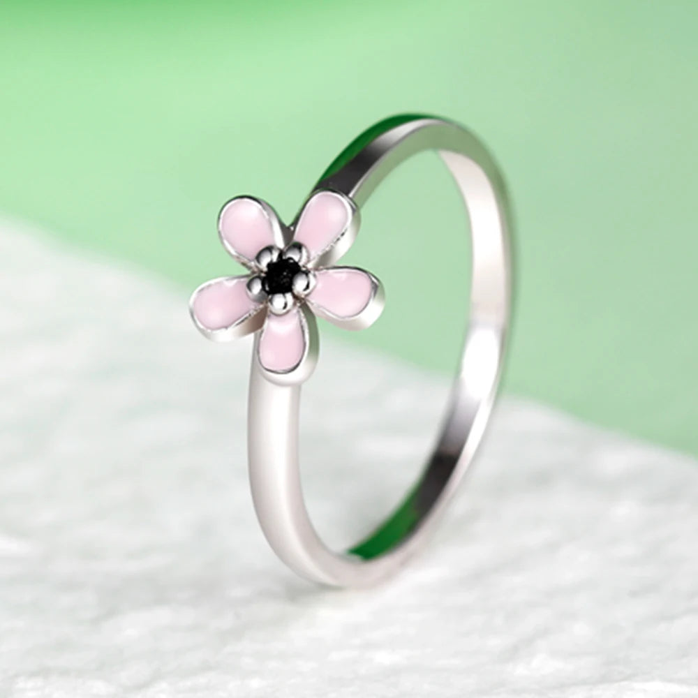 TRENDZ S925 Sterling Silver Pink Enamel Flower Ring