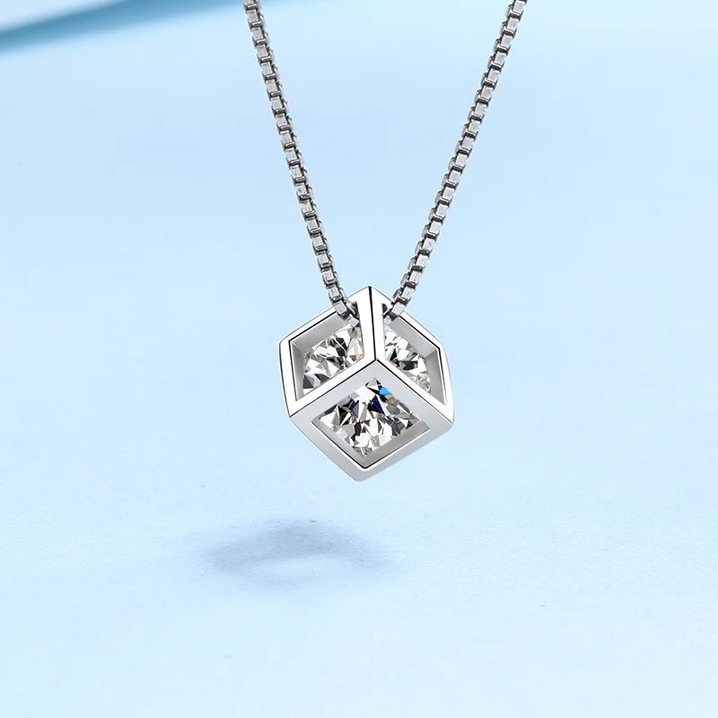 TRENDZ S925 Silver Necklace Moissanite Diamond Square Pendant