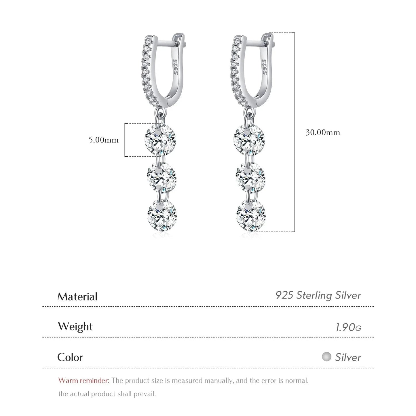 TRENDZ 925 Sterling Silver Sparkling Swing Dangle Earrings