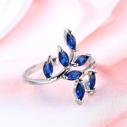 TRENDZ Luxury Blue Zircon Tree Leaves Ring