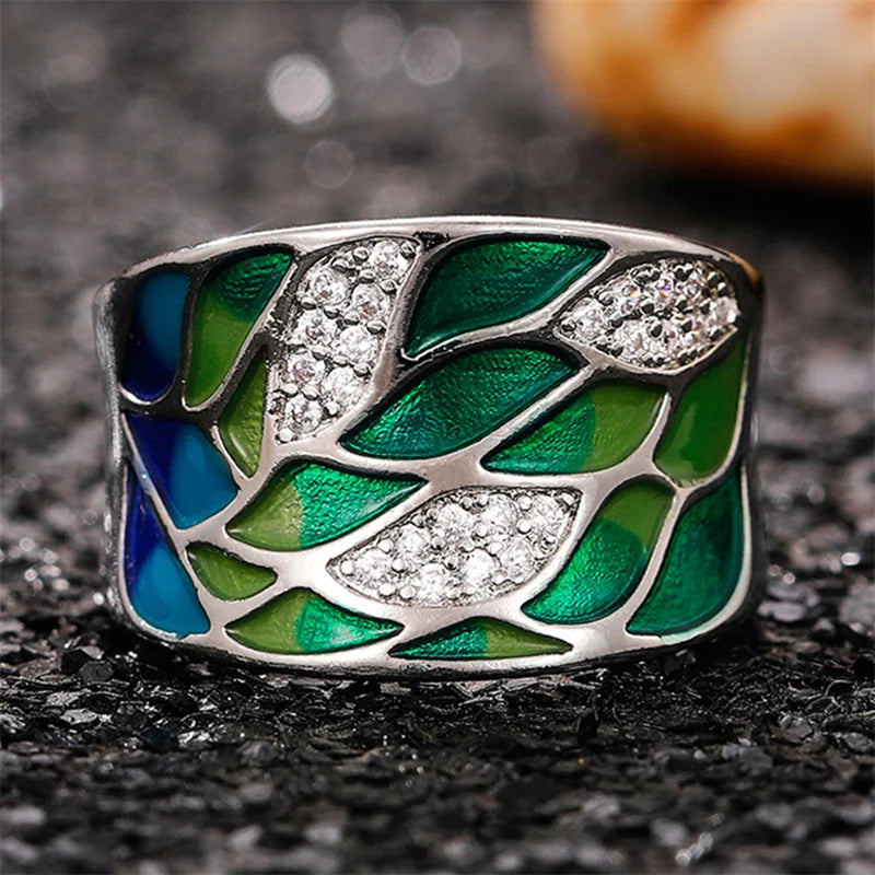 TRENDZ Green Leaf Enamel Handmade Rings