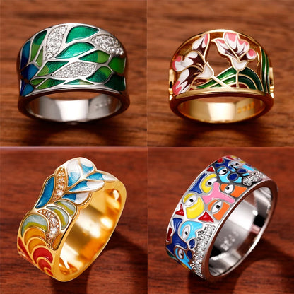 TRENDZ Green Leaf Enamel Handmade Rings