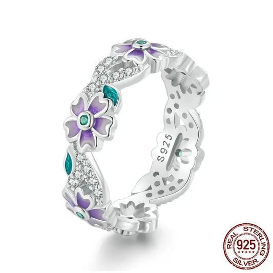 TRENDZ 925 Sterling Silver Purple Flower Ring