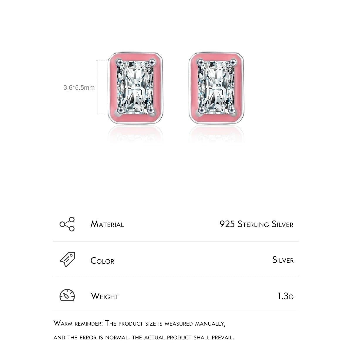 TRENDZ 925 Sterling Silver Sparkling Rectangle Pink Enamel Earrings