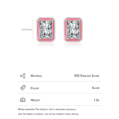 TRENDZ 925 Sterling Silver Sparkling Rectangle Pink Enamel Earrings