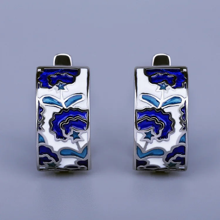 TRENDZ 925 Silver Classic Handmade Blue Enamel Earrings