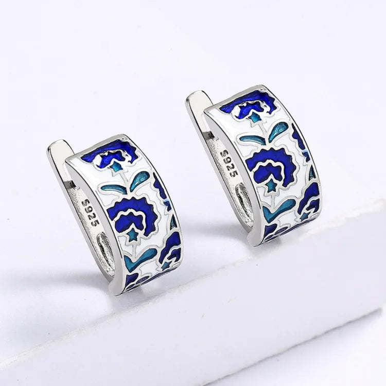 TRENDZ 925 Silver Classic Handmade Blue Enamel Earrings